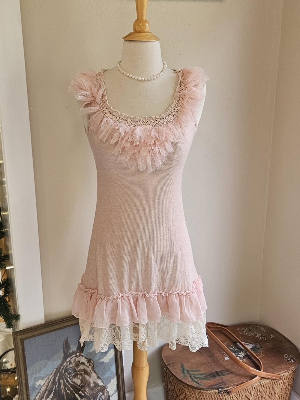 Soft Pink Ruffle & Lace Top Or Mini Dress